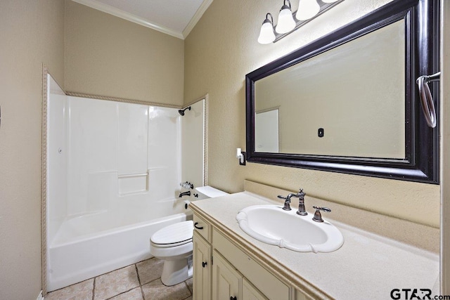 full bathroom featuring bathtub / shower combination, vanity, crown molding, tile patterned flooring, and toilet