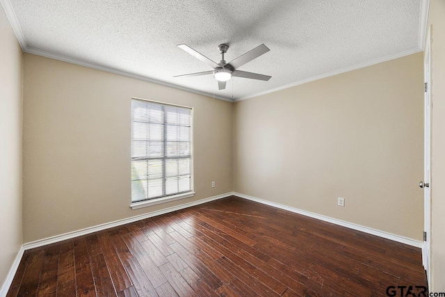 19173 Greenleaf Dr, Flint, TX 75762 - spare room featuring ceiling fan, dark wood-style flooring, baseboards, a textured ceiling, and ornamental molding