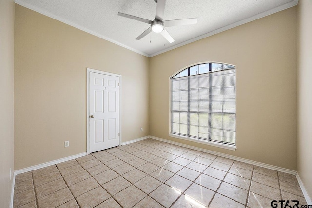 19173 Greenleaf Dr, Flint, TX 75762 - spare room with a ceiling fan, light tile patterned floors, a textured ceiling, crown molding, and baseboards