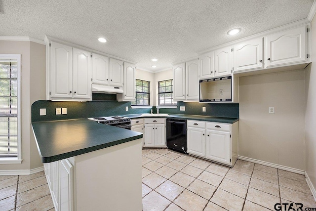 19173 Greenleaf Dr, Flint, TX 75762 - kitchen featuring black dishwasher, a peninsula, dark countertops, electric stove, and white cabinets