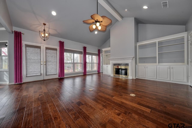 unfurnished living room with beam ceiling, ceiling fan, a premium fireplace, high vaulted ceiling, and dark hardwood / wood-style flooring