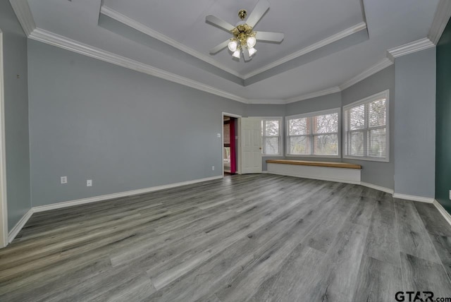 spare room with ornamental molding, light hardwood / wood-style flooring, ceiling fan, and a raised ceiling