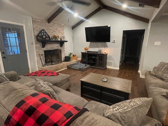 living room with ceiling fan, a fireplace, dark hardwood / wood-style flooring, and lofted ceiling with beams