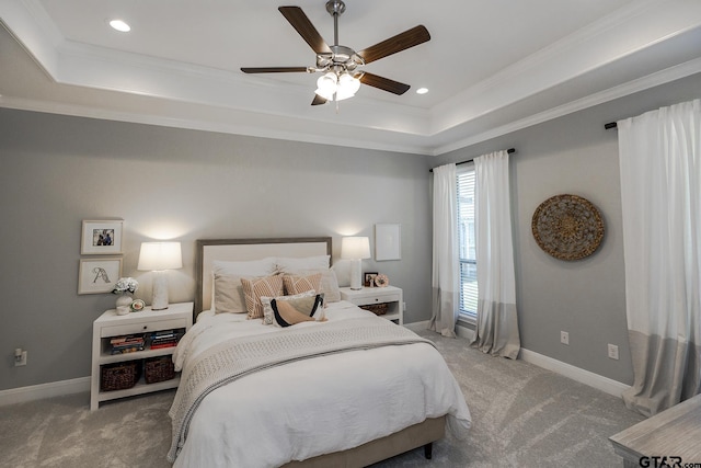 7317 Hearthstone Ln, Tyler, TX 75703 - carpeted bedroom featuring a raised ceiling, crown molding, recessed lighting, and a ceiling fan