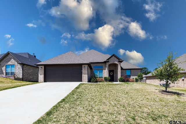 7317 Hearthstone Ln, Tyler, TX 75703 - view of front of home with brick siding, an attached garage, driveway, a front lawn, and roof with shingles