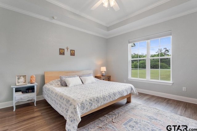 15988 C R 1151, Tyler, TX 75704 - bedroom with wood finished floors, ornamental molding, a raised ceiling, and ceiling fan