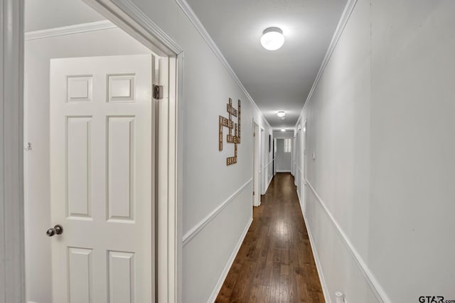 hallway with dark hardwood / wood-style flooring and ornamental molding