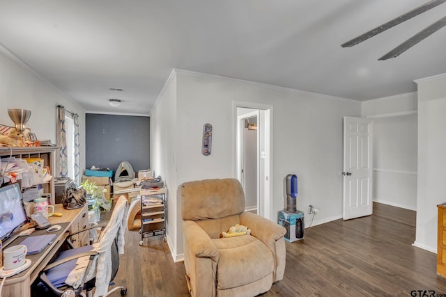 office area with ceiling fan, dark hardwood / wood-style flooring, and ornamental molding