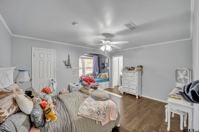 bedroom featuring ceiling fan, dark hardwood / wood-style flooring, and ornamental molding