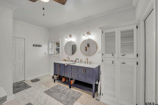 bathroom featuring ceiling fan, vanity, and ornamental molding