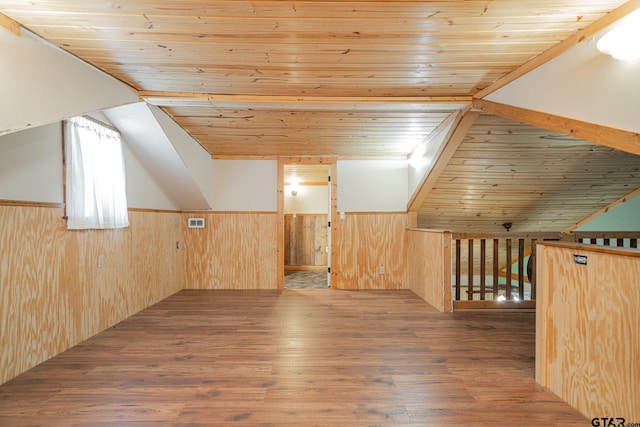 additional living space with wood-type flooring, lofted ceiling, wooden ceiling, and wood walls