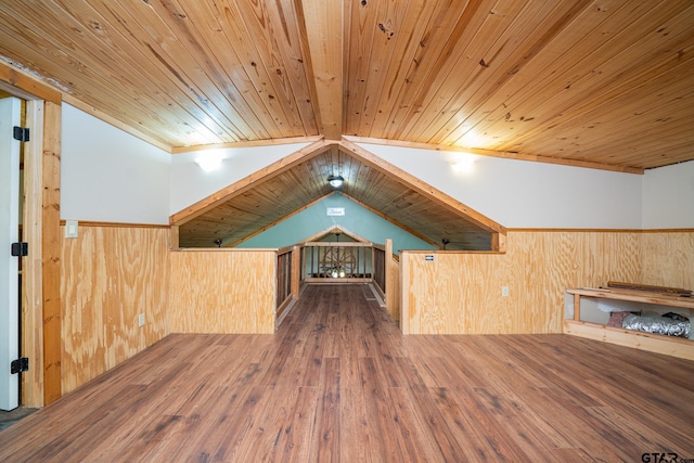 bonus room featuring hardwood / wood-style flooring, vaulted ceiling, wooden ceiling, and wood walls