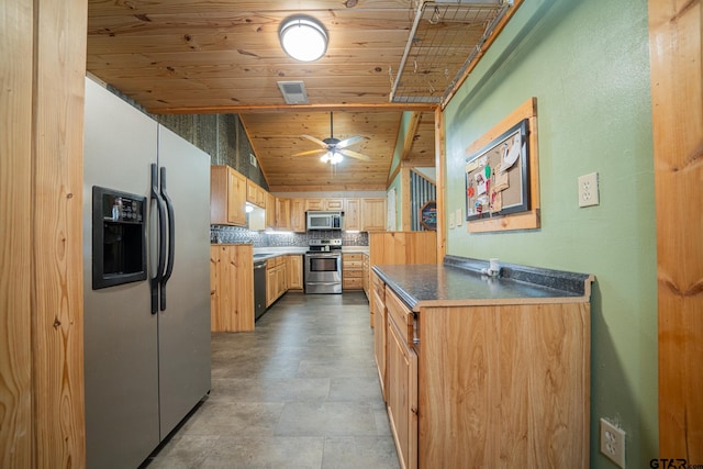 kitchen featuring backsplash, ceiling fan, light brown cabinetry, wood ceiling, and stainless steel appliances