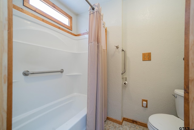 bathroom featuring toilet and shower / bathtub combination with curtain