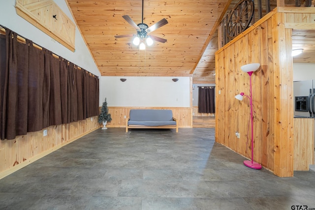 bonus room featuring lofted ceiling, ceiling fan, wooden ceiling, and wooden walls