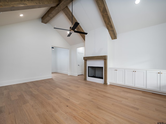 unfurnished living room featuring ceiling fan, light hardwood / wood-style floors, beamed ceiling, and high vaulted ceiling