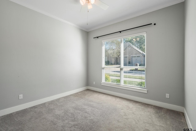 carpeted spare room with ceiling fan and crown molding