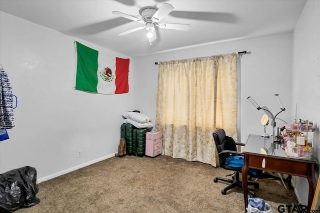 2631 Amy Ln, Tyler, TX 75701 - carpeted home office featuring a ceiling fan and baseboards