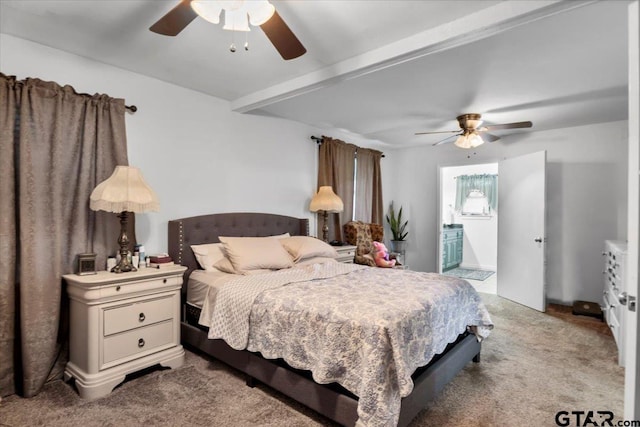 2631 Amy Ln, Tyler, TX 75701 - bedroom featuring carpet flooring, ceiling fan, ensuite bath, and beam ceiling