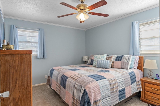 carpeted bedroom with crown molding, ceiling fan, and a textured ceiling