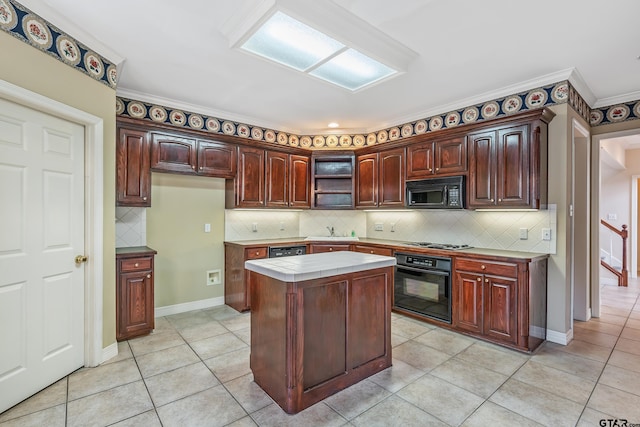 kitchen featuring open shelves, tile counters, a kitchen island, black appliances, and light tile patterned flooring