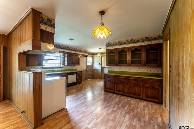 138 Drexel Dr, Sulphur Springs, TX 75482 - kitchen featuring dishwasher, light wood-type flooring, glass insert cabinets, hanging light fixtures, and open shelves