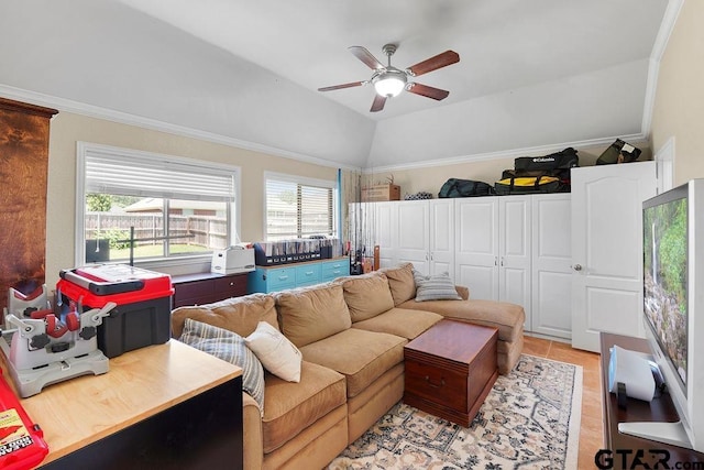 3029 Yasmeen Cir, Flint, TX 75762 - living area with a ceiling fan, vaulted ceiling, and crown molding