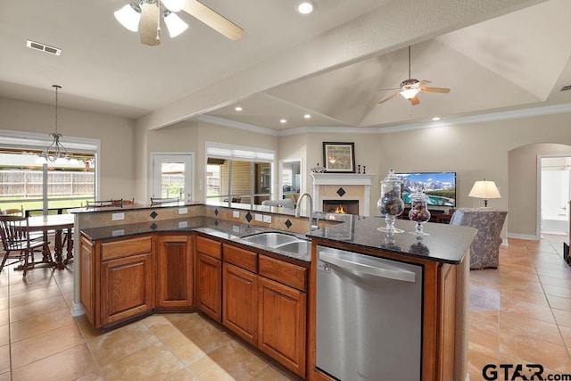 3029 Yasmeen Cir, Flint, TX 75762 - kitchen featuring stainless steel dishwasher, a ceiling fan, a sink, vaulted ceiling, and open floor plan