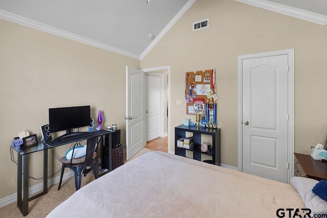 3029 Yasmeen Cir, Flint, TX 75762 - bedroom with lofted ceiling, ornamental molding, baseboards, and a desk