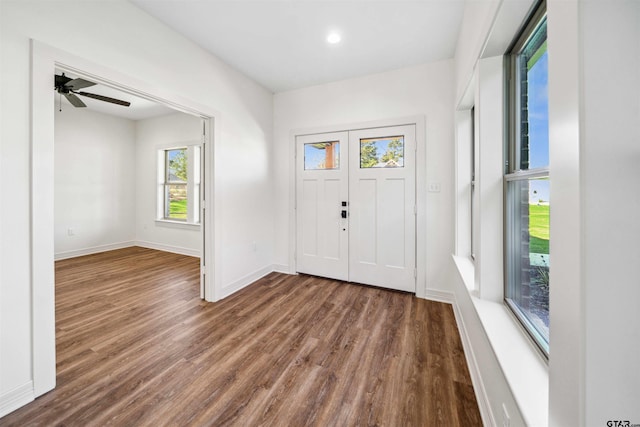 entryway featuring ceiling fan and hardwood / wood-style floors