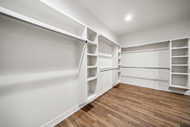 spacious closet with dark hardwood / wood-style flooring