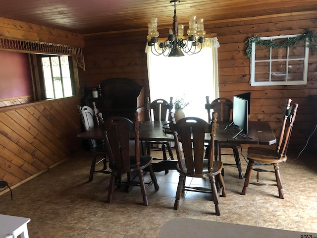 dining room featuring wooden ceiling, a chandelier, and wood walls