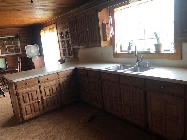 kitchen featuring wood walls, wood ceiling, sink, and kitchen peninsula