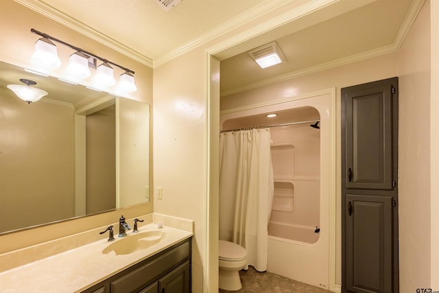 bathroom with vanity, shower / tub combo, toilet, ornamental molding, and tile patterned floors
