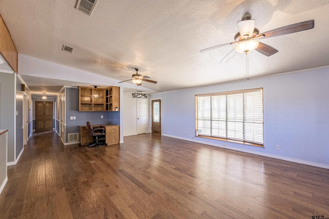unfurnished living room featuring dark wood finished floors, visible vents, and ceiling fan