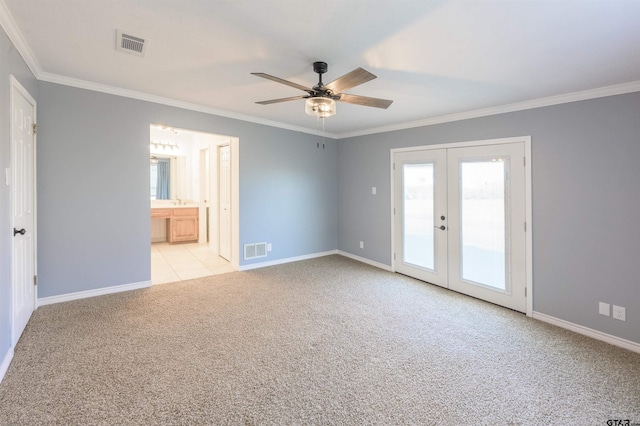 interior space featuring ceiling fan, visible vents, french doors, and light carpet