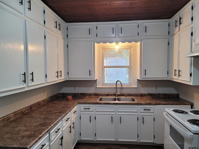 kitchen featuring wood ceiling, white electric stove, dark countertops, a sink, and white cabinets