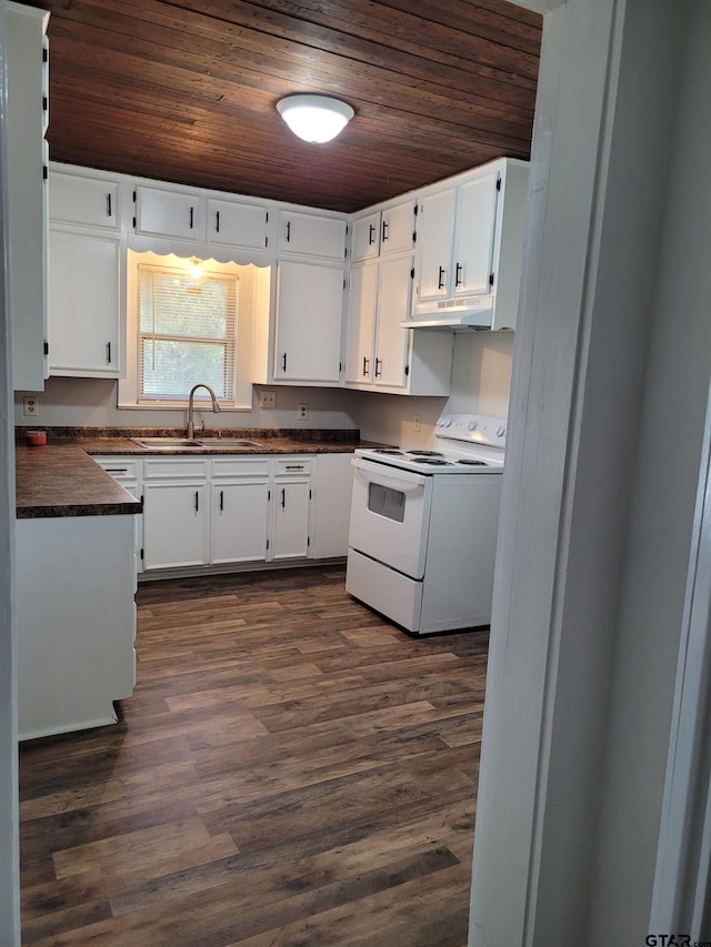 kitchen featuring dark countertops, a sink, under cabinet range hood, wood ceiling, and white electric range