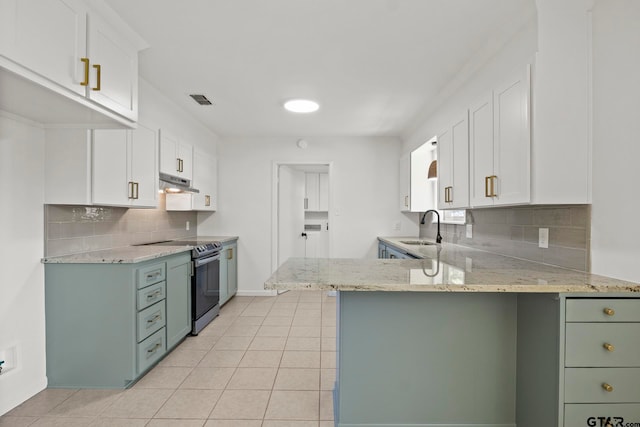 kitchen featuring white cabinets, kitchen peninsula, stainless steel range with electric cooktop, and sink