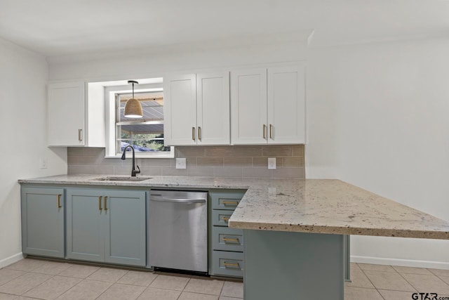 kitchen with decorative backsplash, kitchen peninsula, sink, dishwasher, and white cabinetry