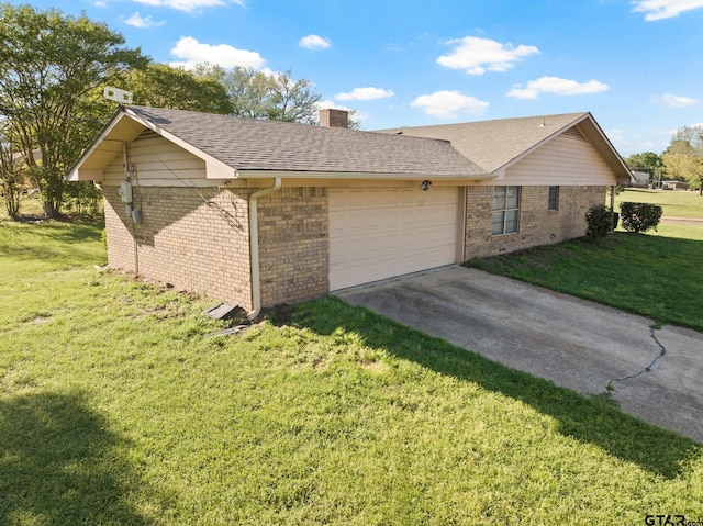 314 Cedar St, Mount Pleasant, TX 75455 - view of side of property featuring a chimney, driveway, a yard, a garage, and brick siding