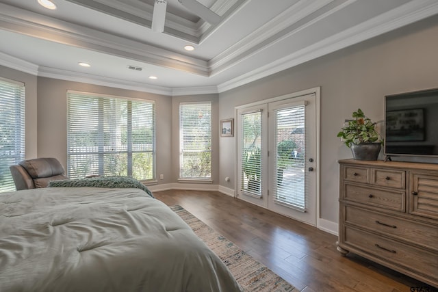 bedroom with access to exterior, dark hardwood / wood-style floors, and ornamental molding