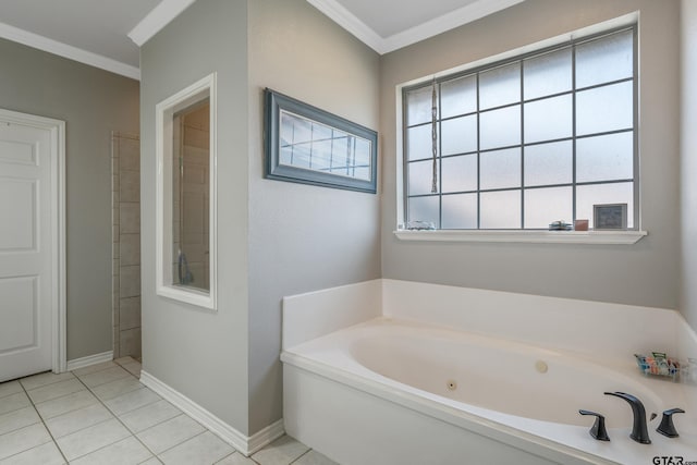 bathroom with a bathing tub, tile patterned flooring, and ornamental molding