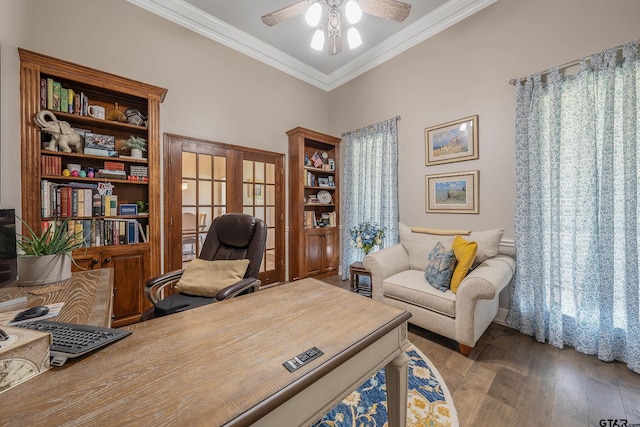 office area with wood-type flooring, french doors, ceiling fan, and ornamental molding