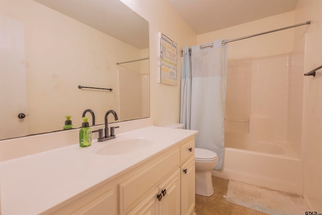 full bathroom with tile patterned flooring, vanity, toilet, and shower / bath combo with shower curtain