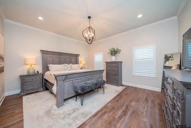 4523 Lone Oak Ln, Longview, TX 75605 - bedroom featuring dark wood-type flooring, ornamental molding, a chandelier, and recessed lighting