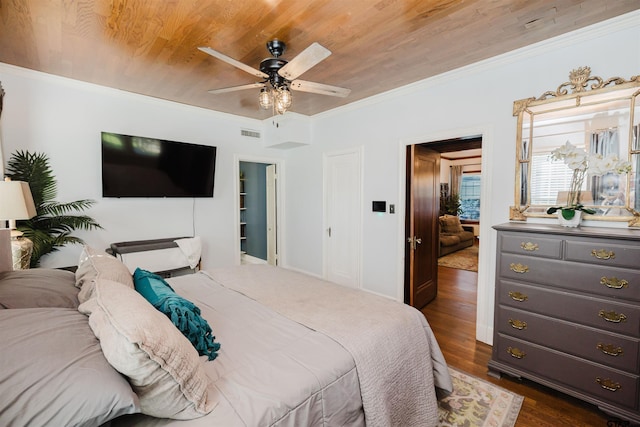 bedroom featuring visible vents, wooden ceiling, and ornamental molding