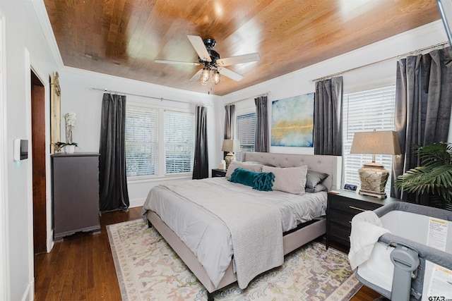 bedroom with multiple windows, wooden ceiling, and ornamental molding