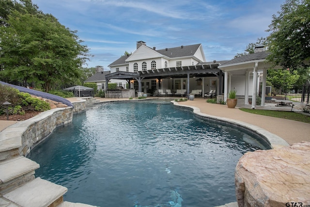 18722 Ridgeline Rd, Tyler, TX 75703 - view of pool featuring a pergola, a patio, fence, and a ceiling fan