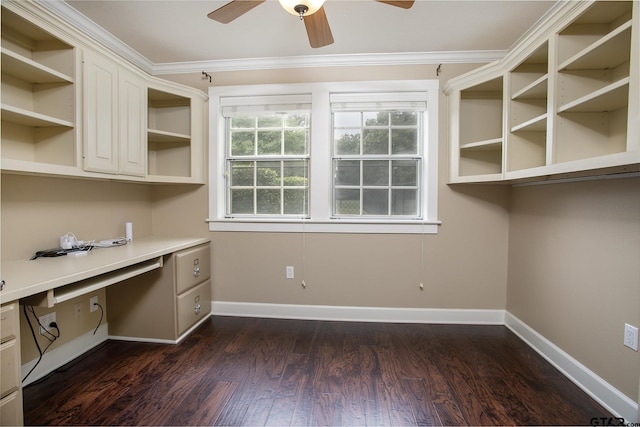 18722 Ridgeline Rd, Tyler, TX 75703 - unfurnished office with a ceiling fan, crown molding, built in desk, dark wood-style flooring, and baseboards